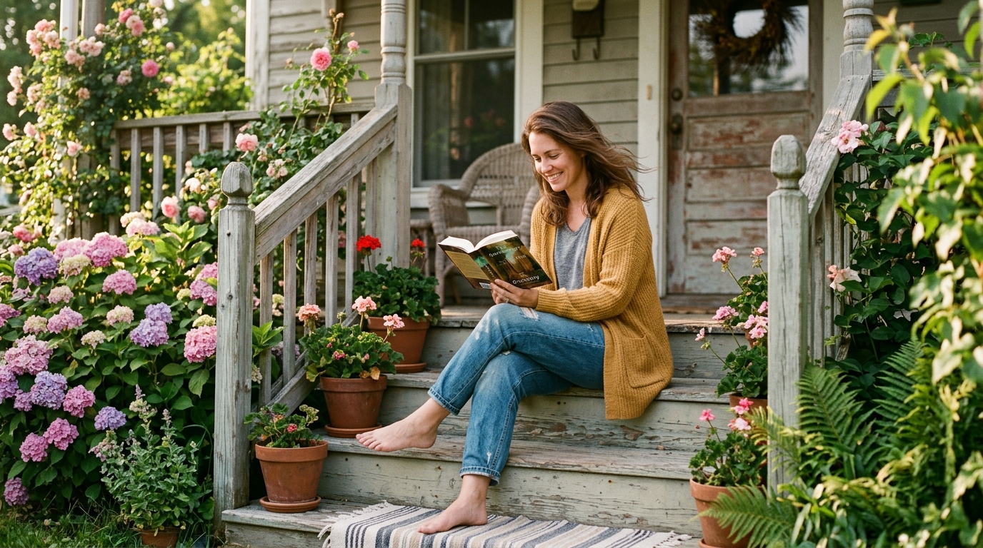 woman reading peacefully on front porch steps