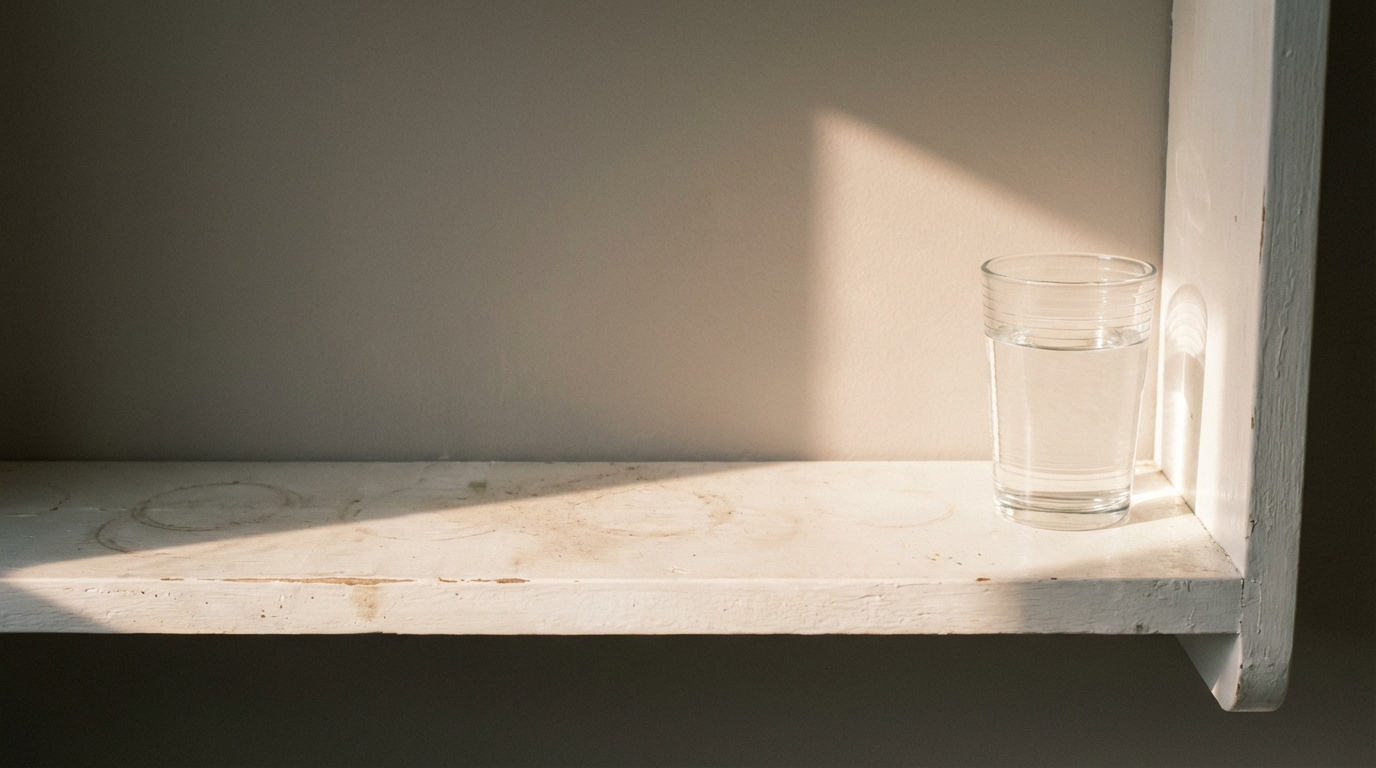 Nearly empty bathroom shelf with dust rings and a single glass of water in warm light