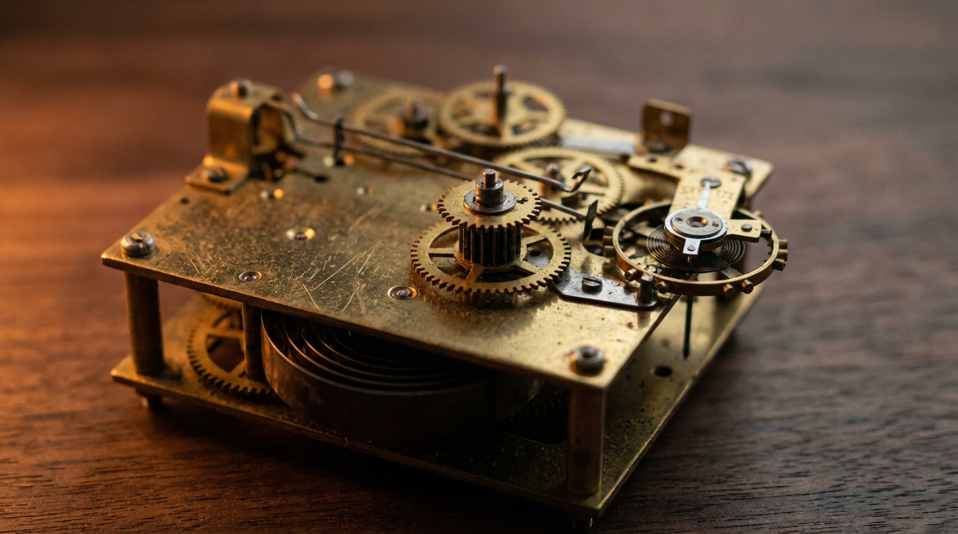 Close-up of vintage brass mechanism on dark walnut surface in warm light