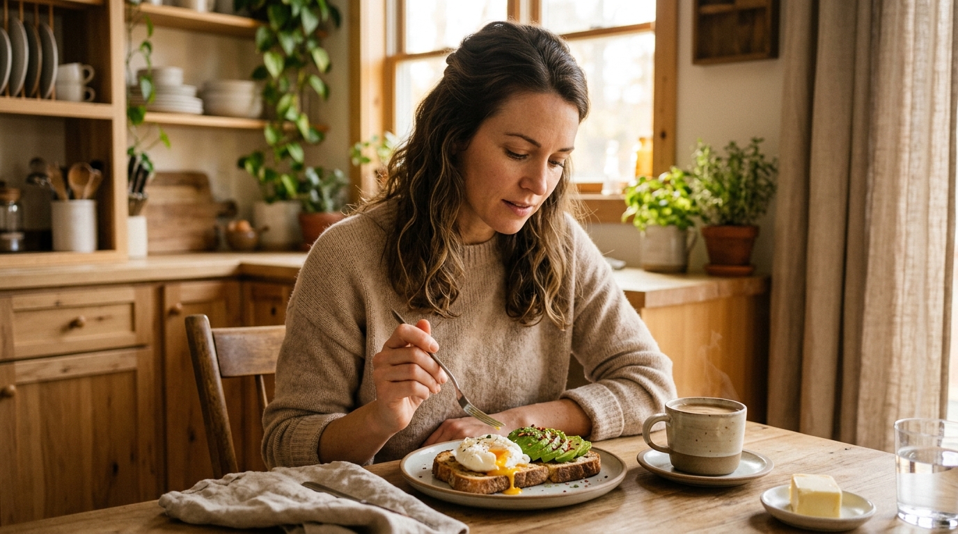 woman enjoying nutritious breakfast with healthy fats