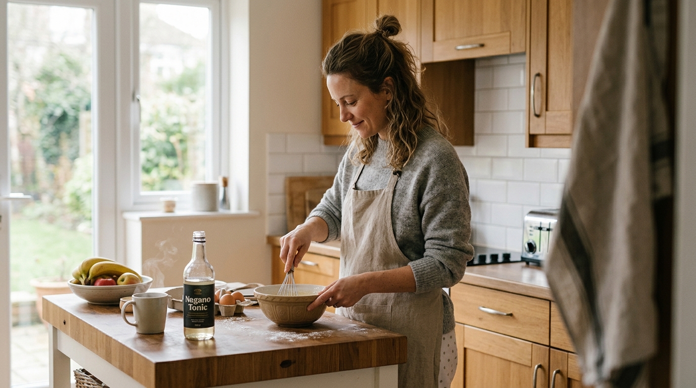 woman in morning kitchen routine with supplement
