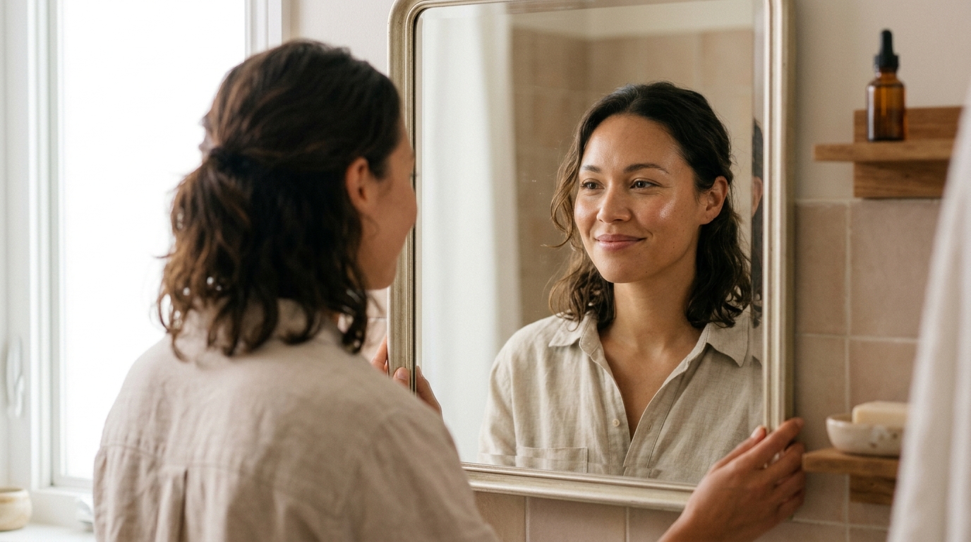 woman with healthy radiant skin looking in mirror