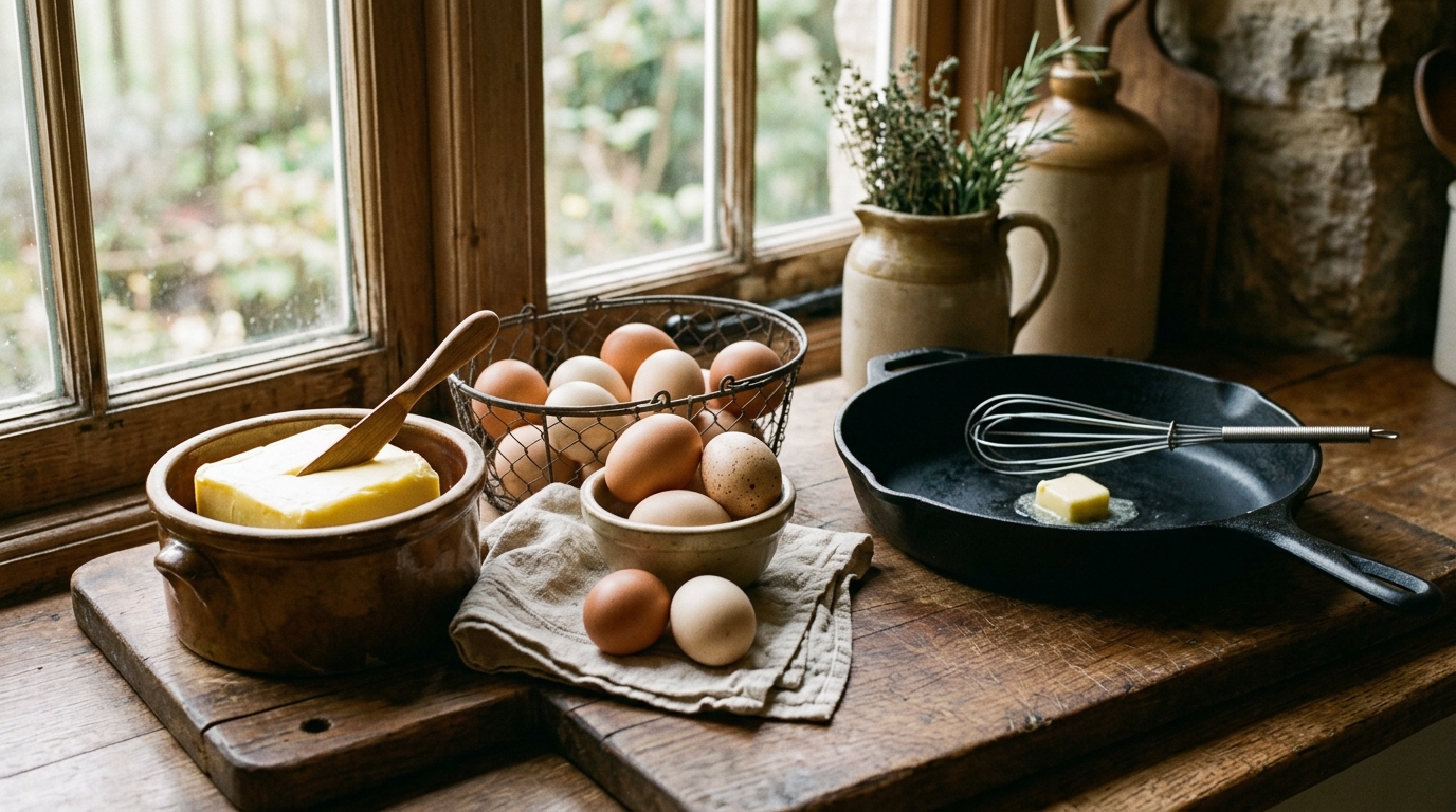 traditional cooking ingredients butter eggs cast iron