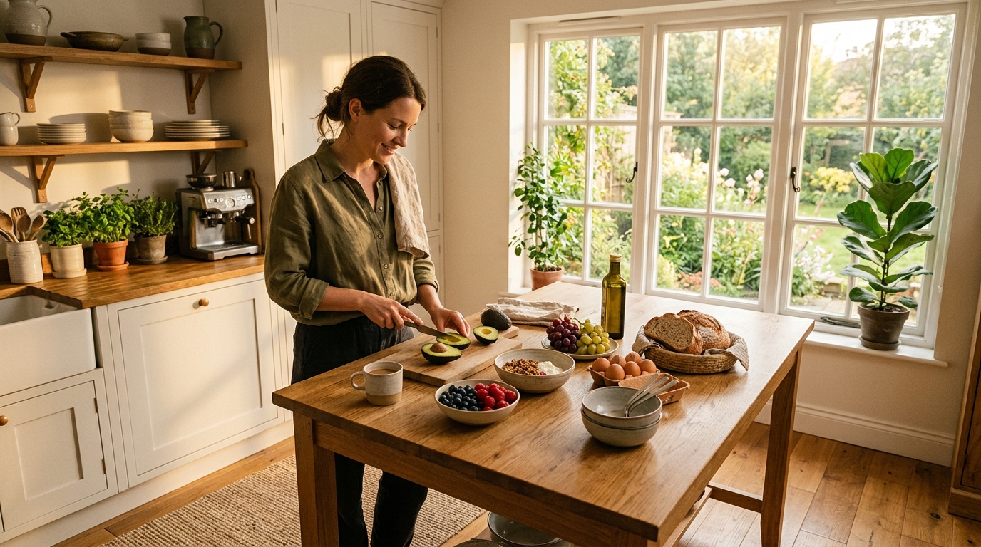 woman peacefully preparing healthy breakfast in morning light
