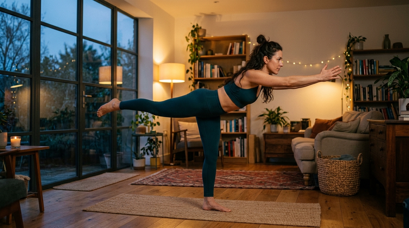 woman evening yoga sustained energy balanced pose