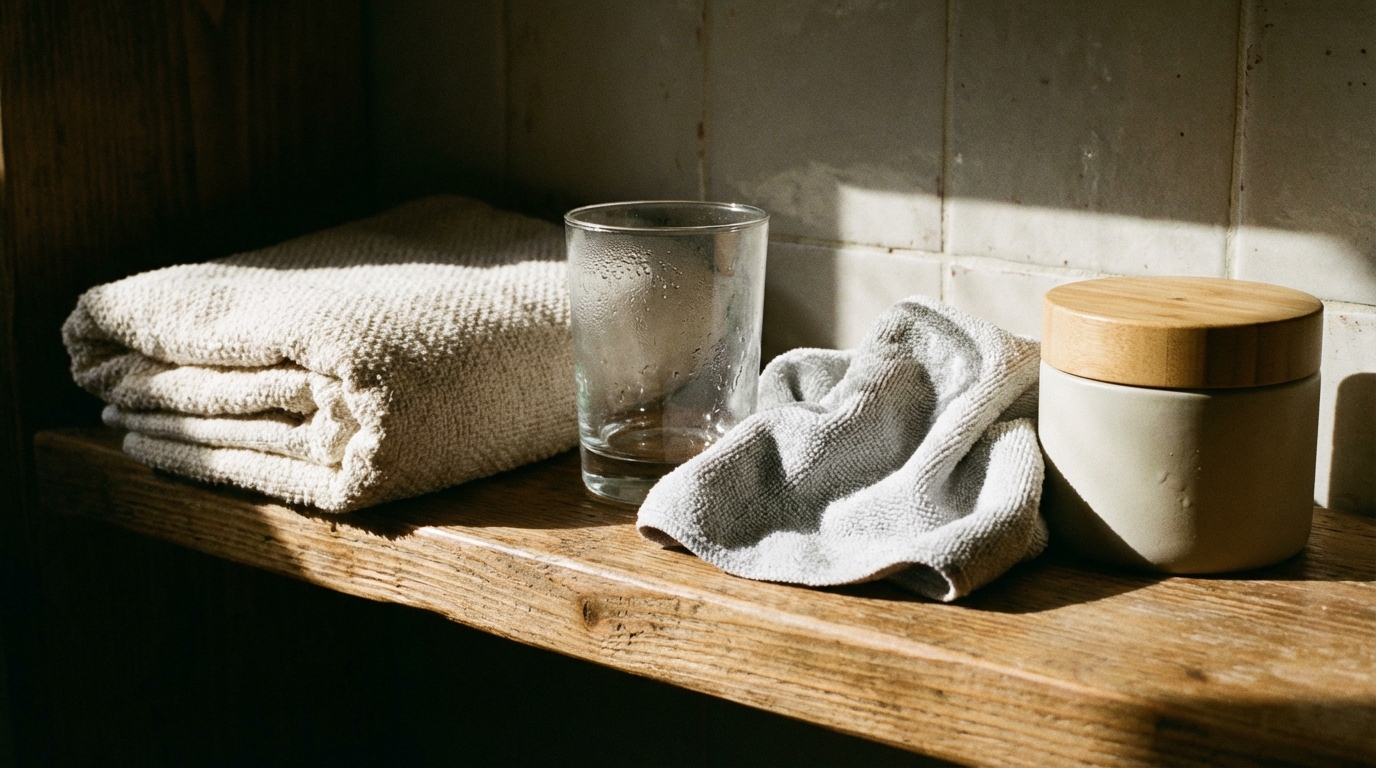 Bathroom shelf with towel and water in morning light