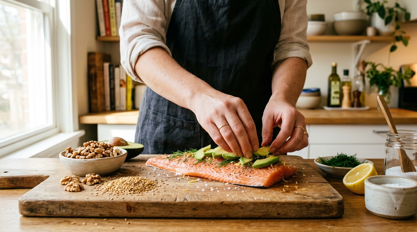 hands preparing omega rich salmon avocado meal
