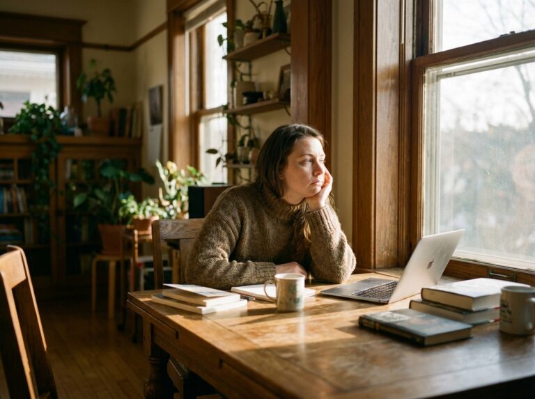 Woman sitting at table in fading afternoon light looking quietly tired