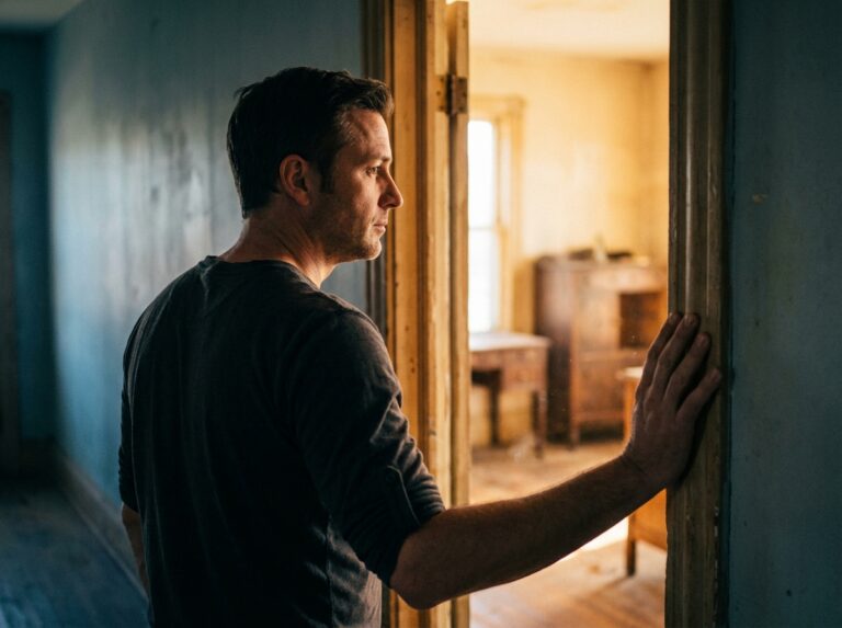 Man pausing in a doorway between shadow and warm morning light