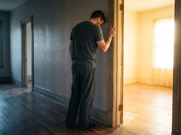 Man standing in a sunlit doorway between shadow and morning light
