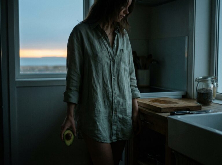 Woman standing barefoot in dim kitchen at dawn holding an avocado