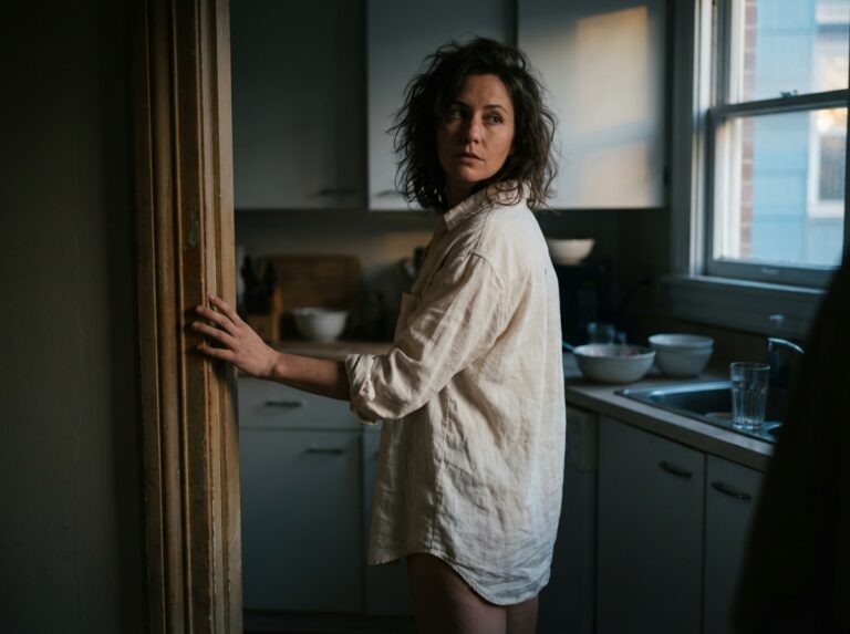 woman standing in kitchen doorway in soft early morning light