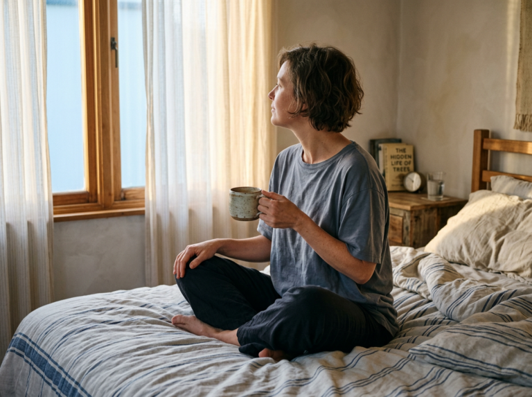 Woman sitting in soft morning light on a linen bed holding a warm mug