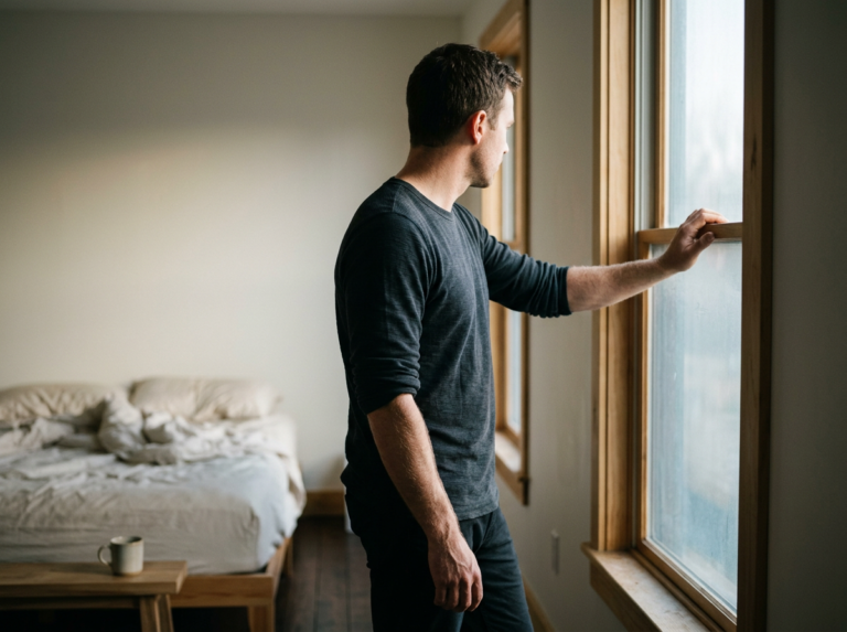Man standing quietly beside tall window in soft morning light