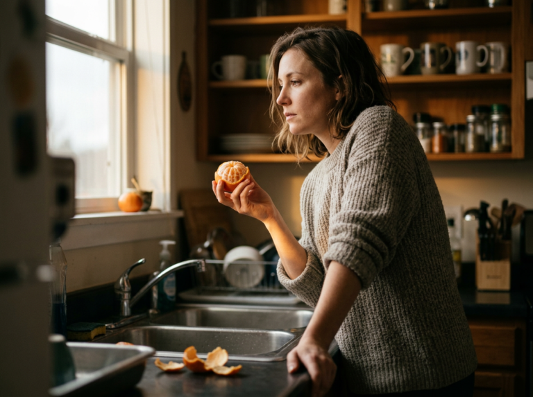 Woman holding a half-peeled clementine at a kitchen sink in November afternoon light