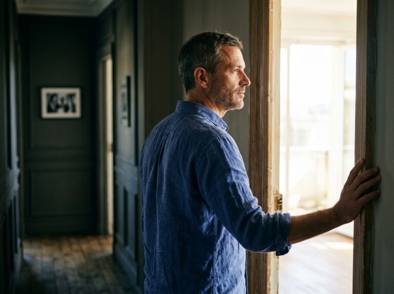 Man standing in sunlit doorway looking forward with calm expression
