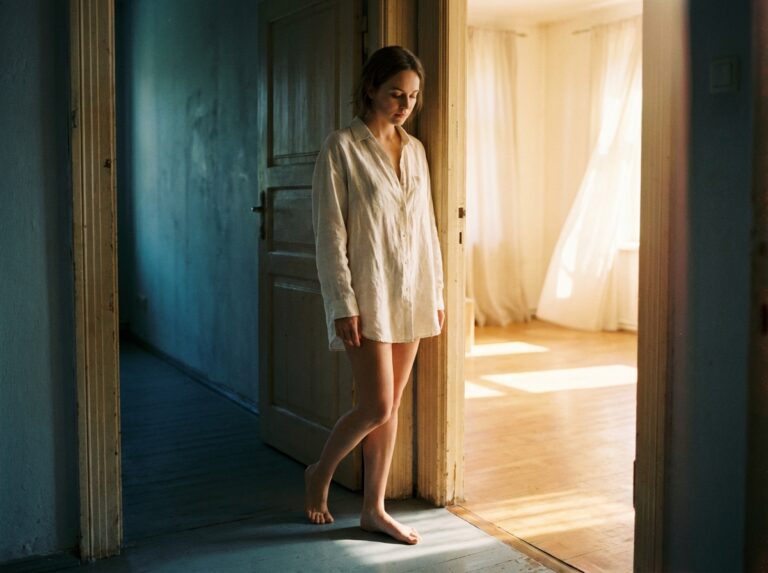 Woman stepping from dim hallway into warm morning light