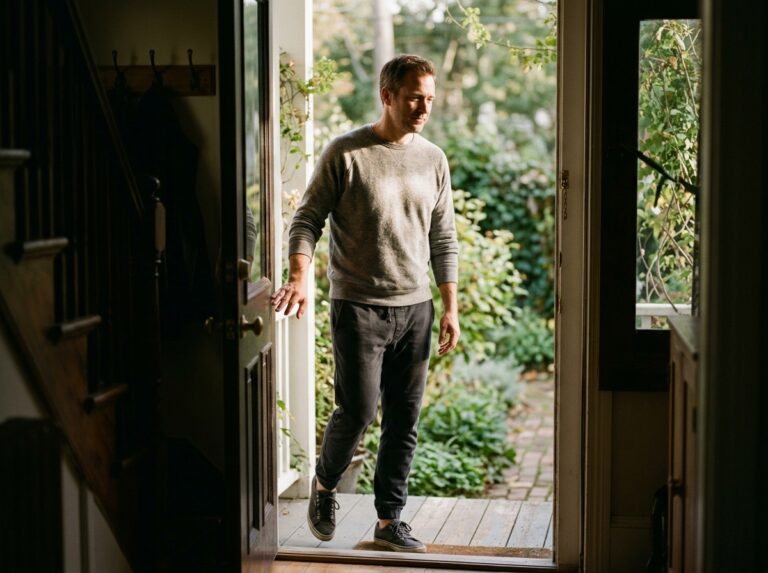 Man stepping through doorway into morning light