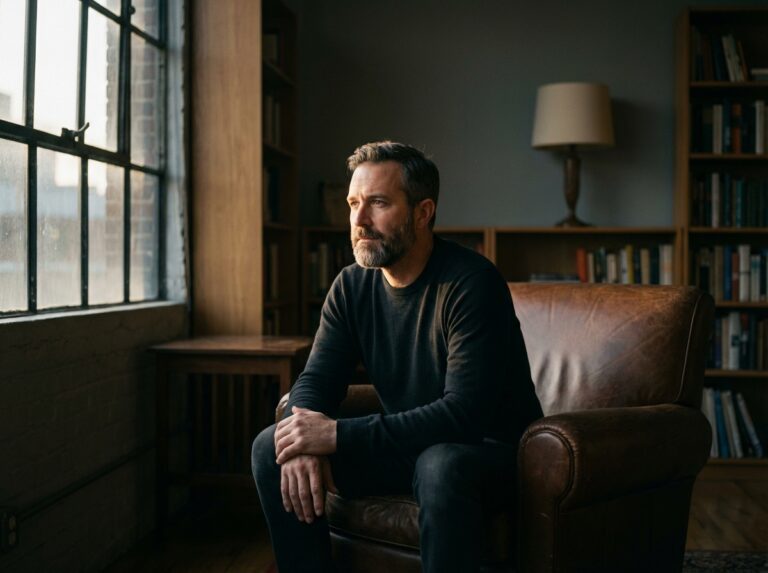 Man sitting in armchair near window in warm late afternoon light with quiet resolve