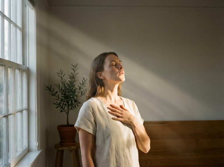 Woman standing by a sunlit window with eyes half closed breathing softly