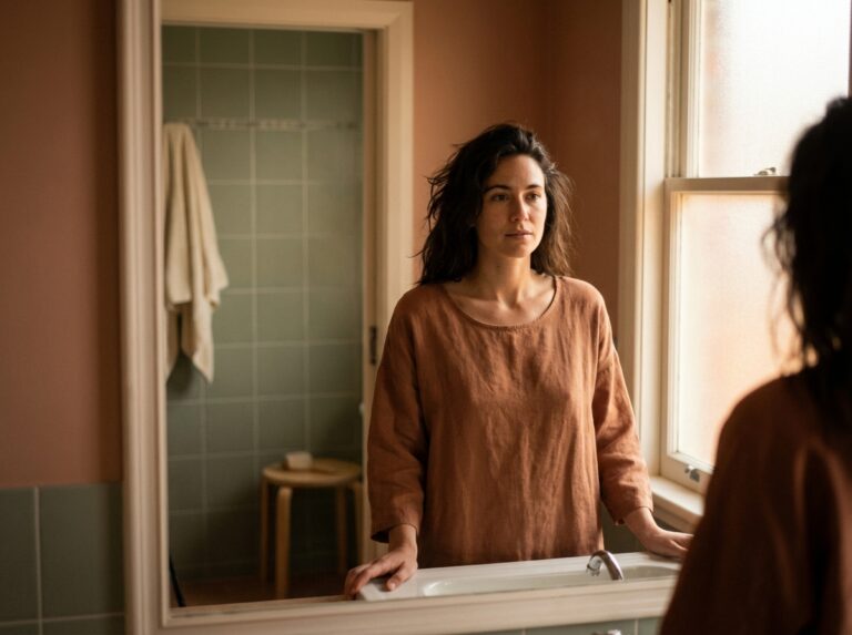 Woman standing at bathroom mirror in soft morning light looking present and calm