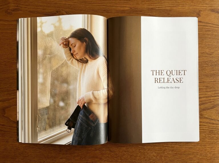 Woman in warm window light with calm, relieved posture