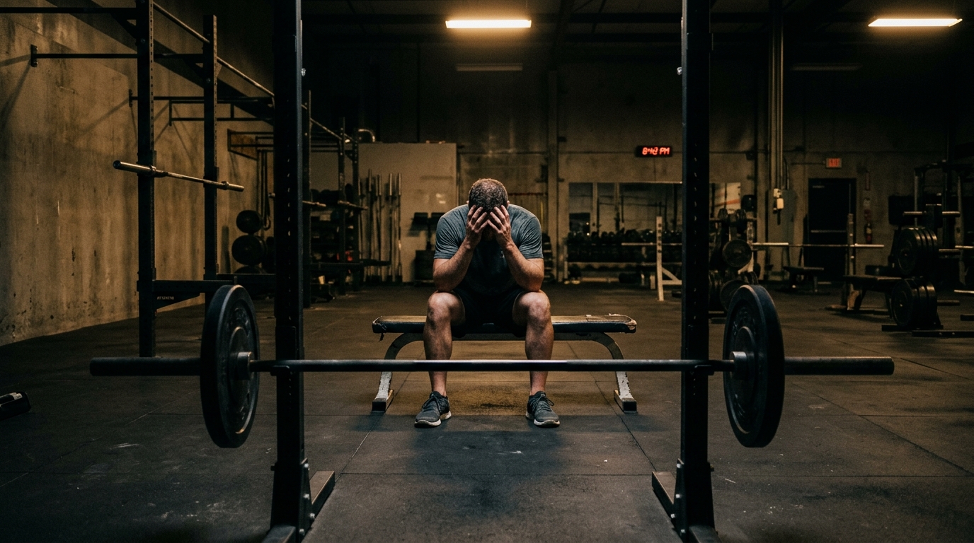 exhausted man sitting gym bench dramatic lighting shadows