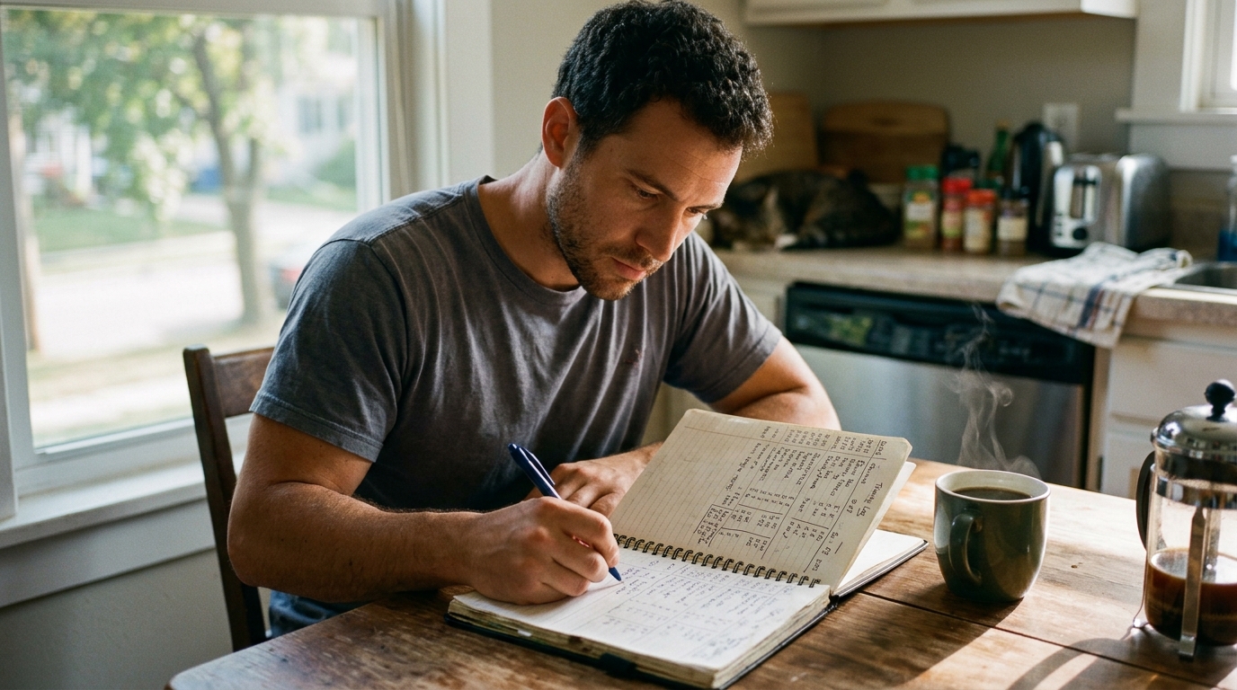 man writing training log kitchen table morning light