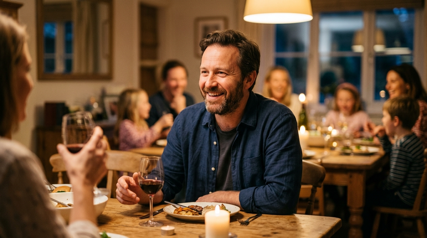 man engaged conversation dinner table warm evening lighting