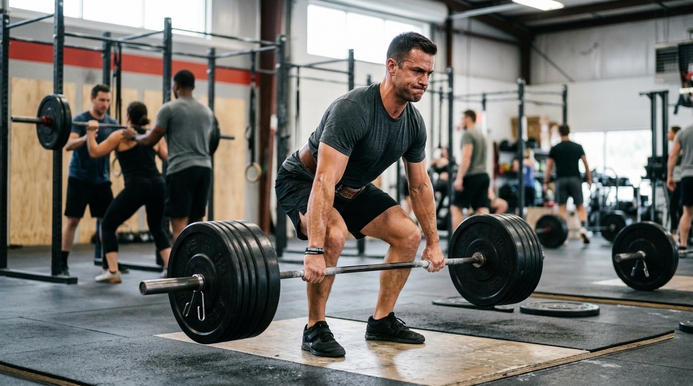 man lifting weights focused expression gym training partners