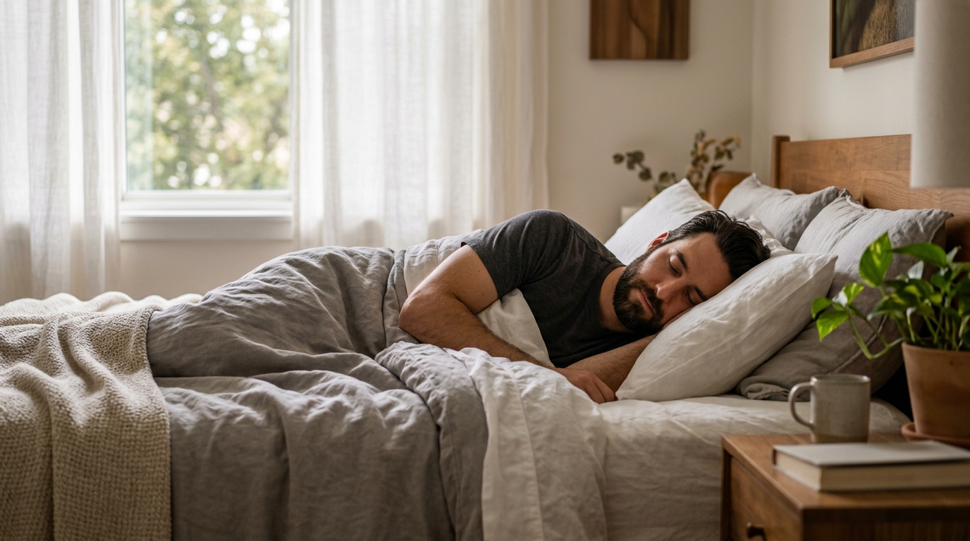 man sleeping peacefully morning light bedroom serene expression