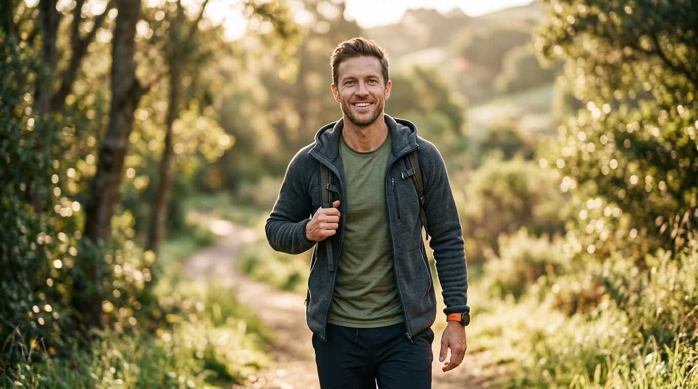 confident man outdoor setting morning light authentic smile