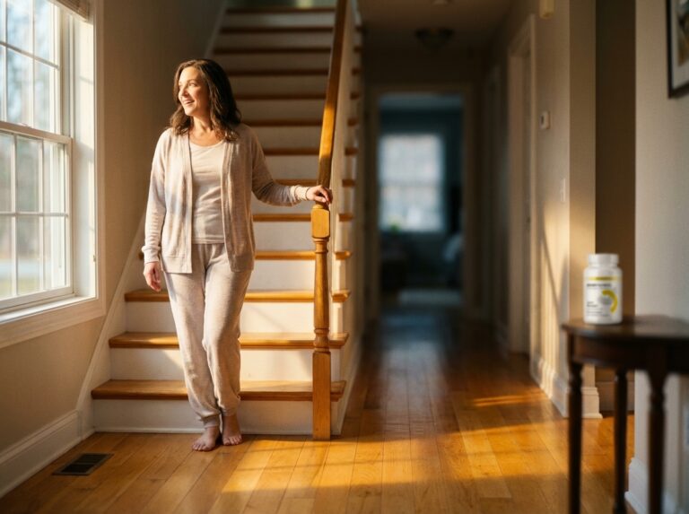 Midlife adult at the stairs in soft morning light, looking more at ease than usual
