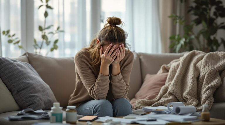 A woman sits on a couch with her head in her hands, surrounded by soft lighting and signs of overwhelm.