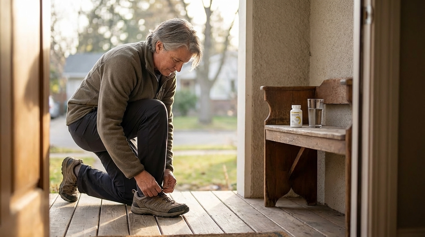 Midlife adult tying walking shoes with a calm morning routine nearby