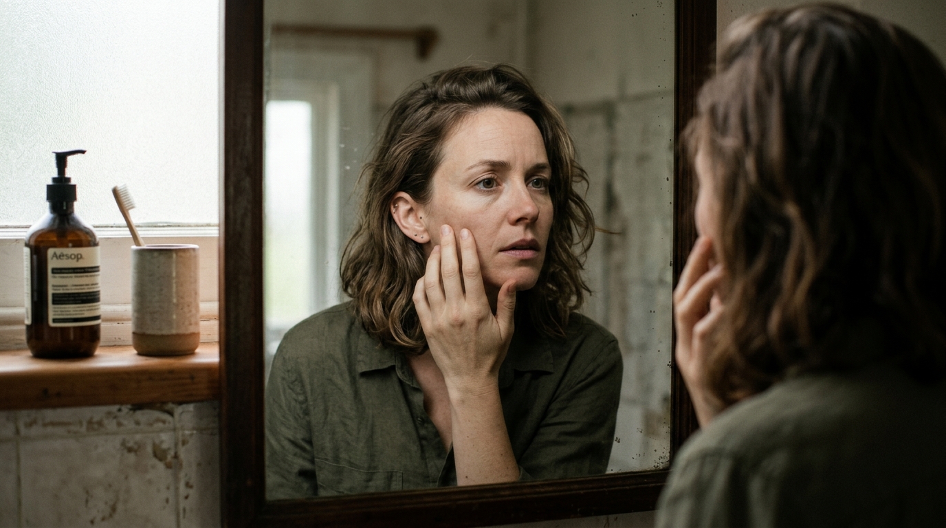 woman examining reflection thoughtfully in morning light