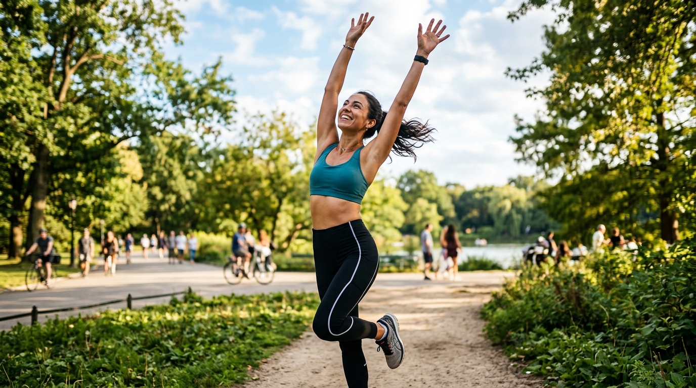 energized woman stretching joyfully in natural outdoor setting