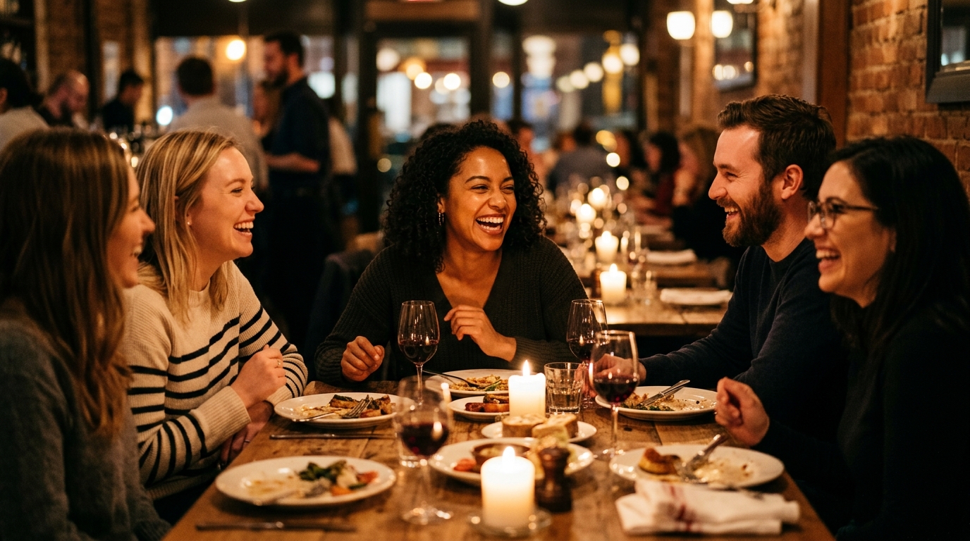 woman laughing happily with friends at dinner