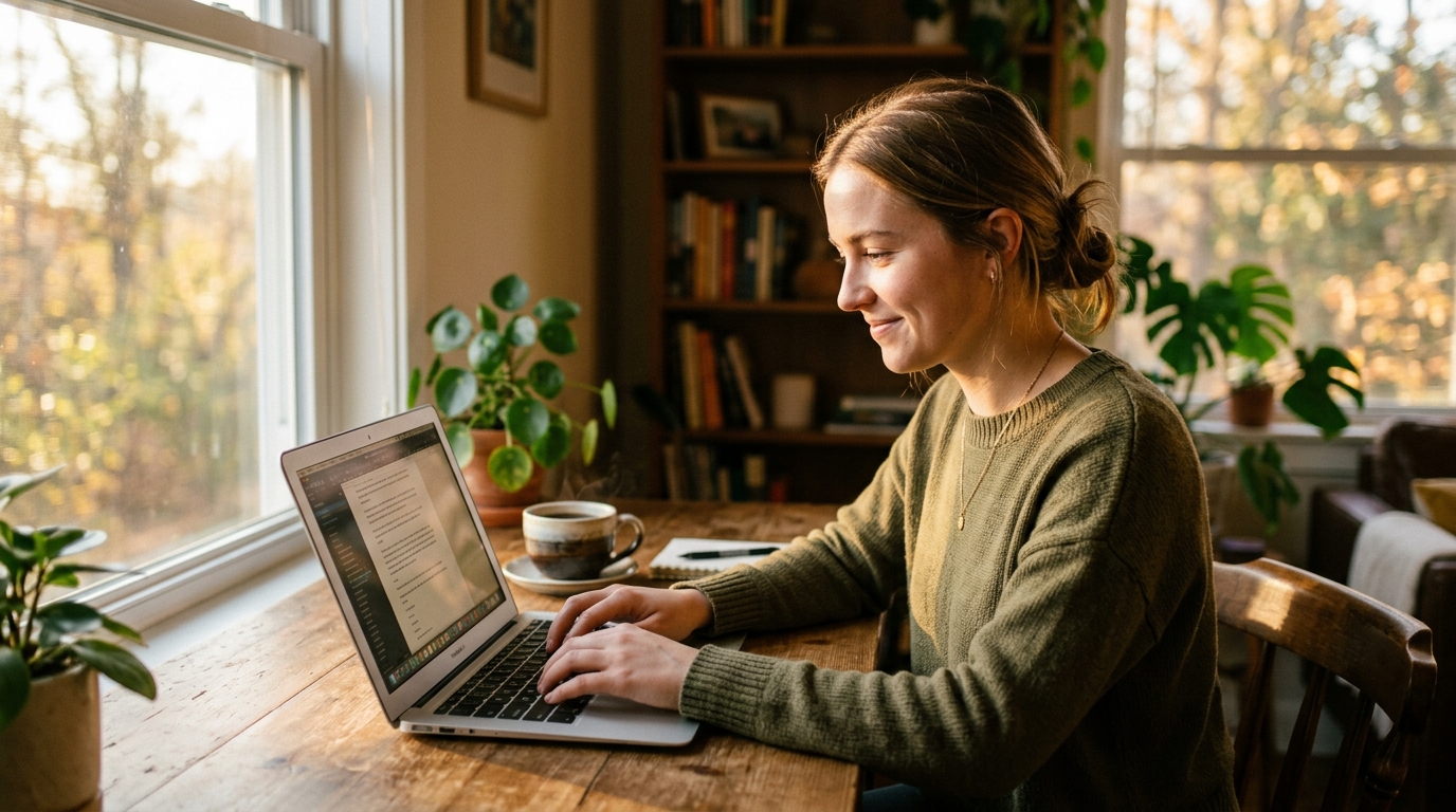 woman laptop typing morning concentration flow