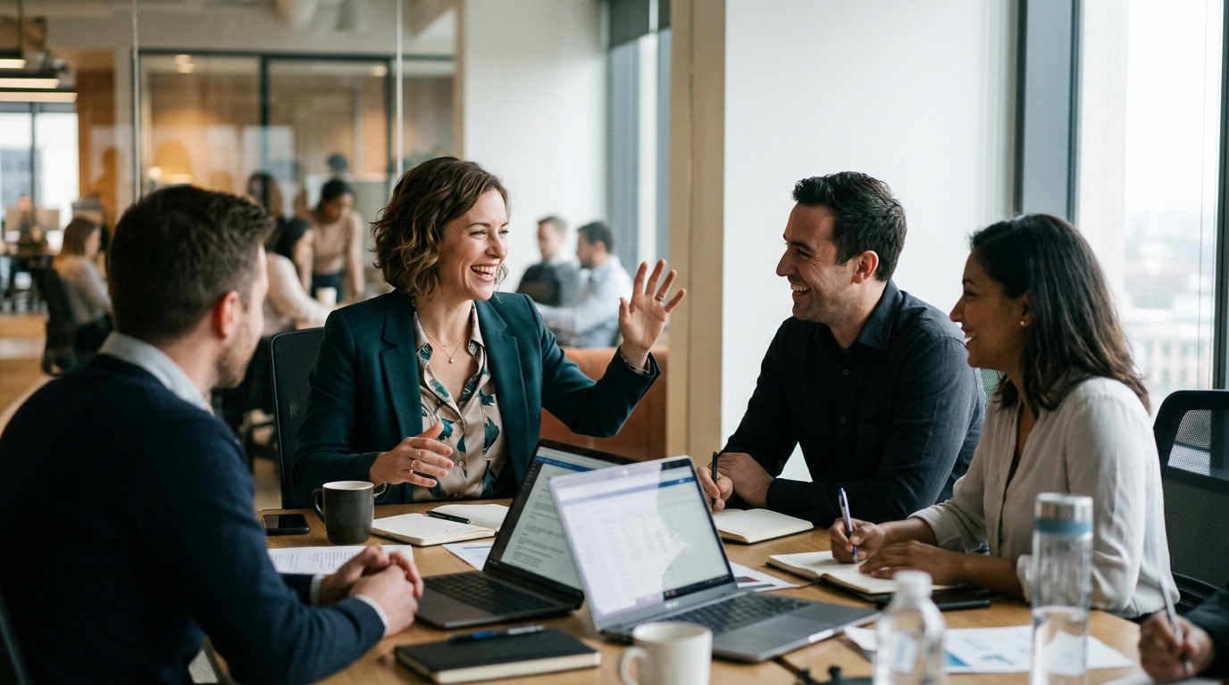 woman confident meeting discussion animated engagement