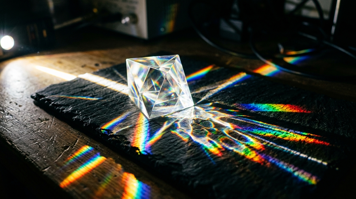 light prism creating rainbow patterns on dark surface