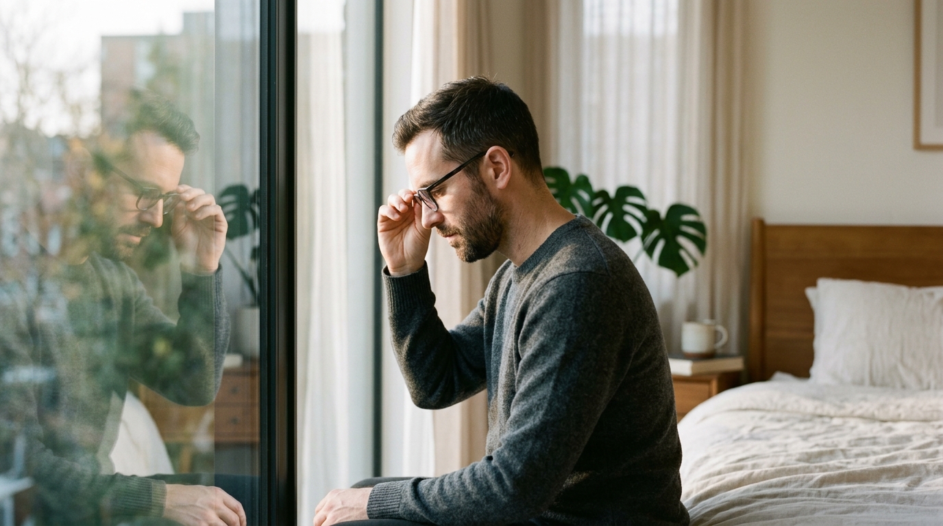 man putting on glasses in morning light