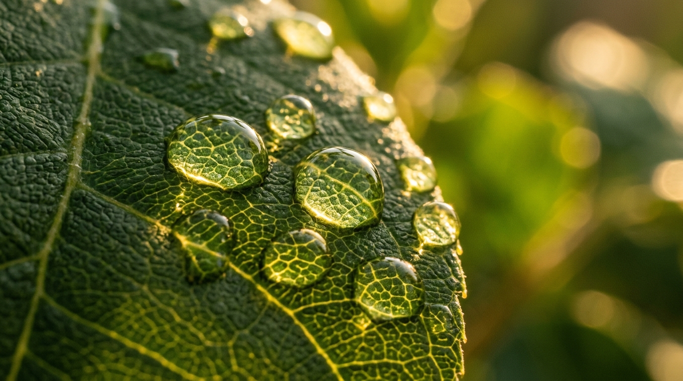 water droplets on leaf showing cellular patterns