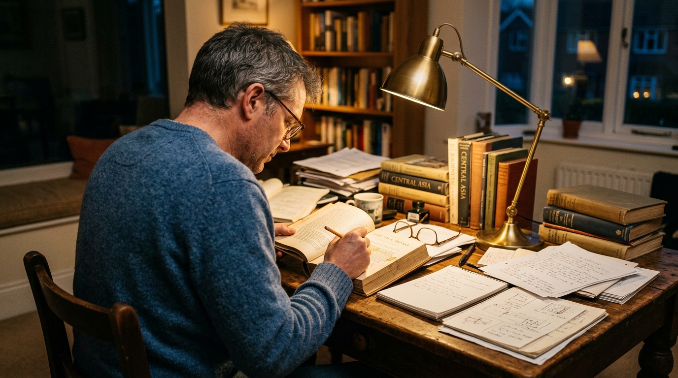 man reading and researching at wooden desk