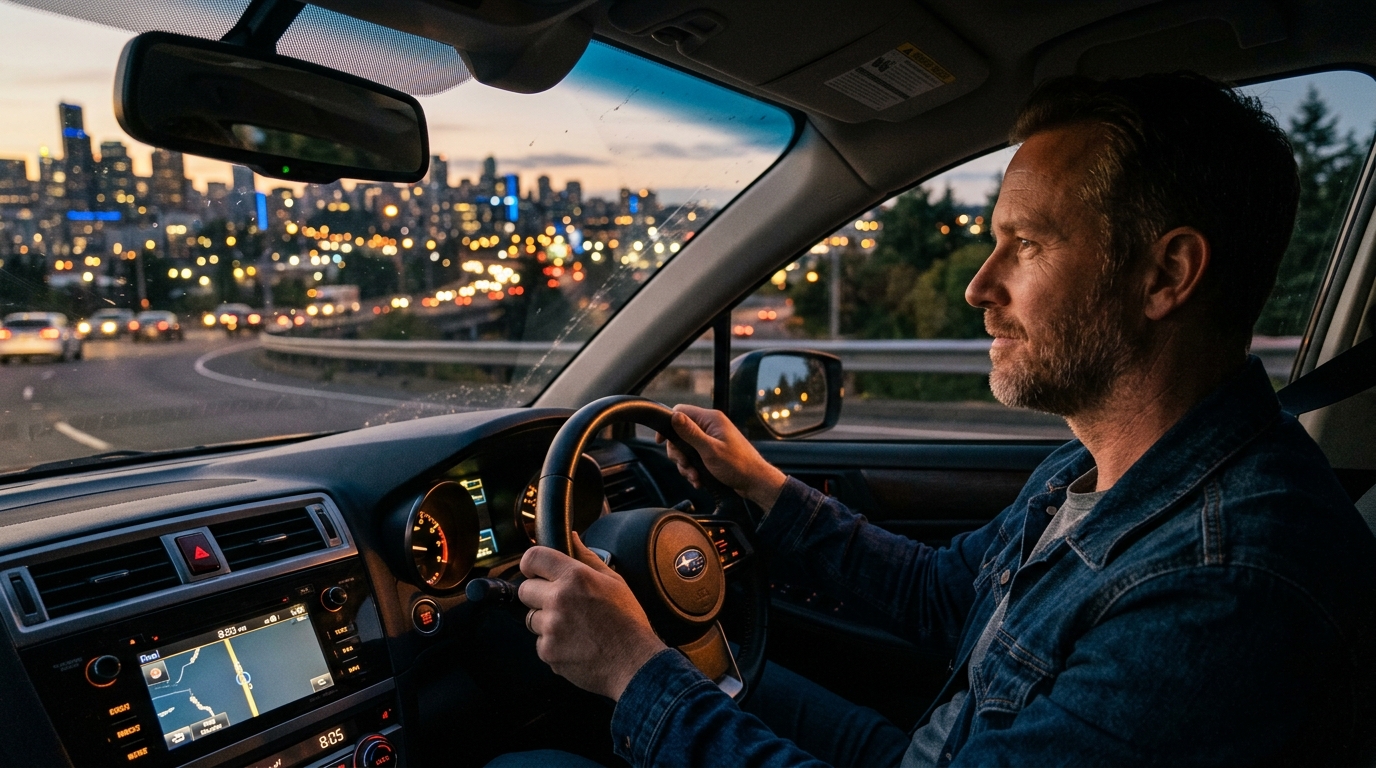 man driving comfortably at dusk with city lights