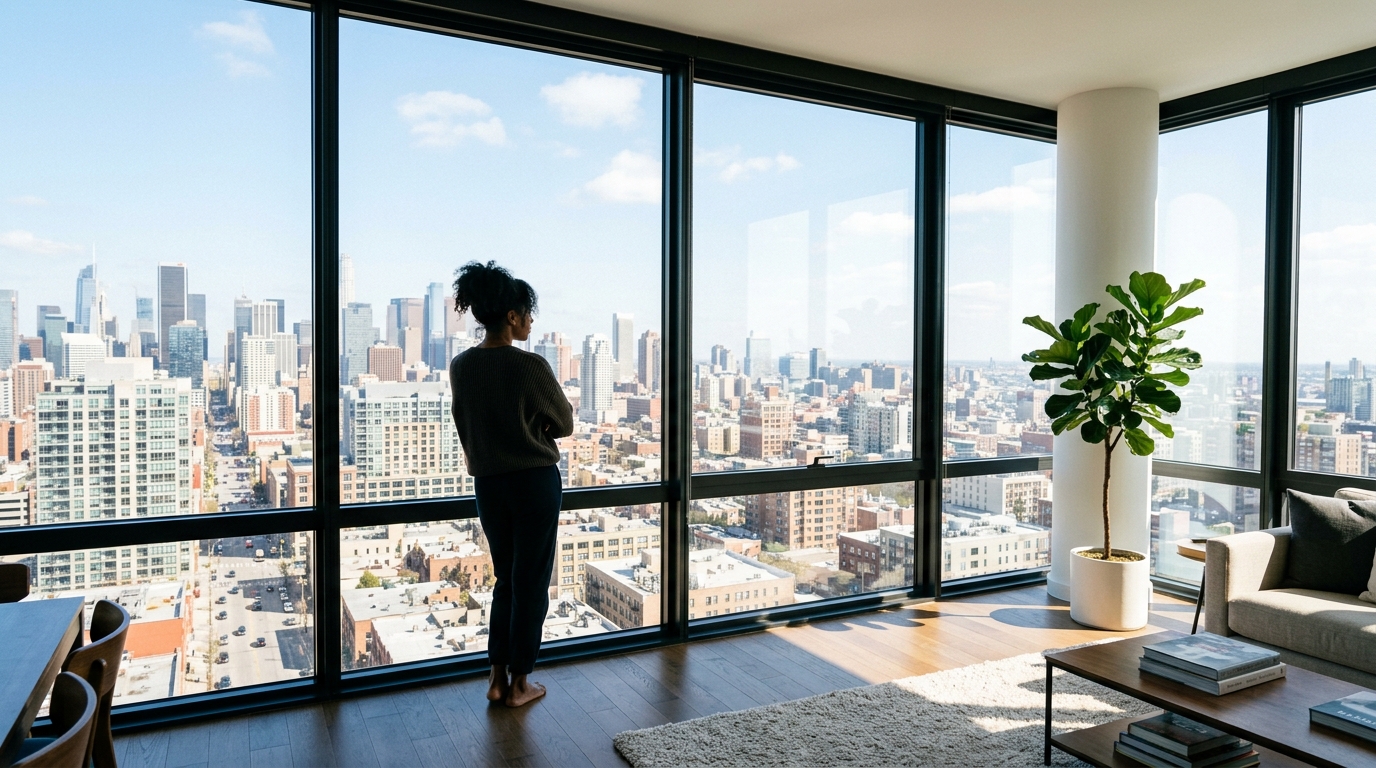 woman by windows overlooking bright cityscape