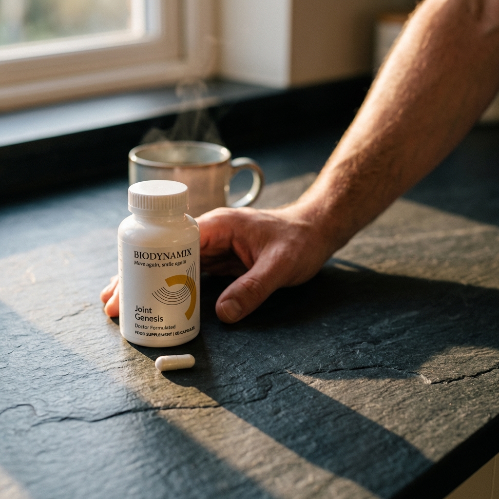 Joint Genesis bottle on kitchen counter in morning light