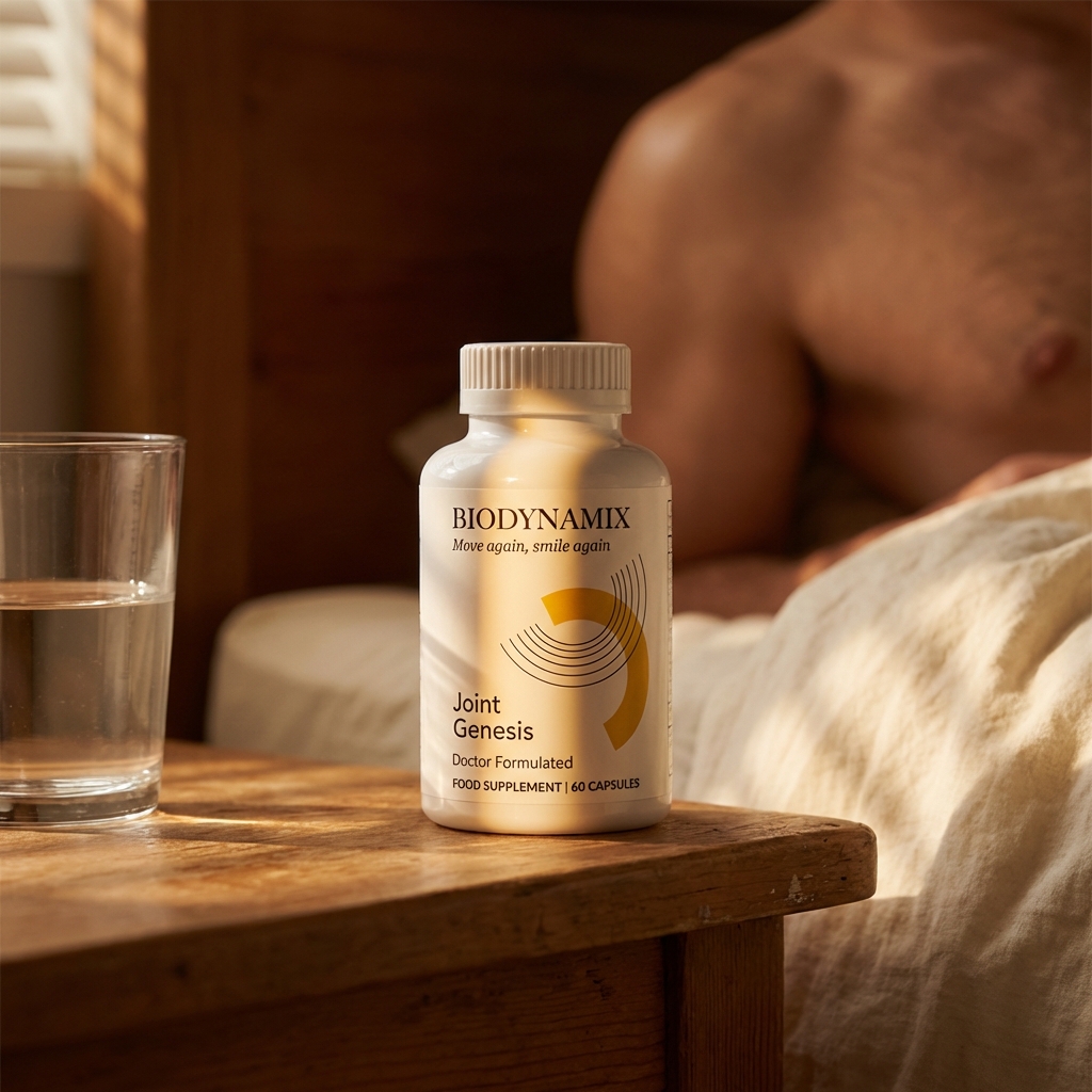 Joint Genesis bottle on bedside table in early daylight