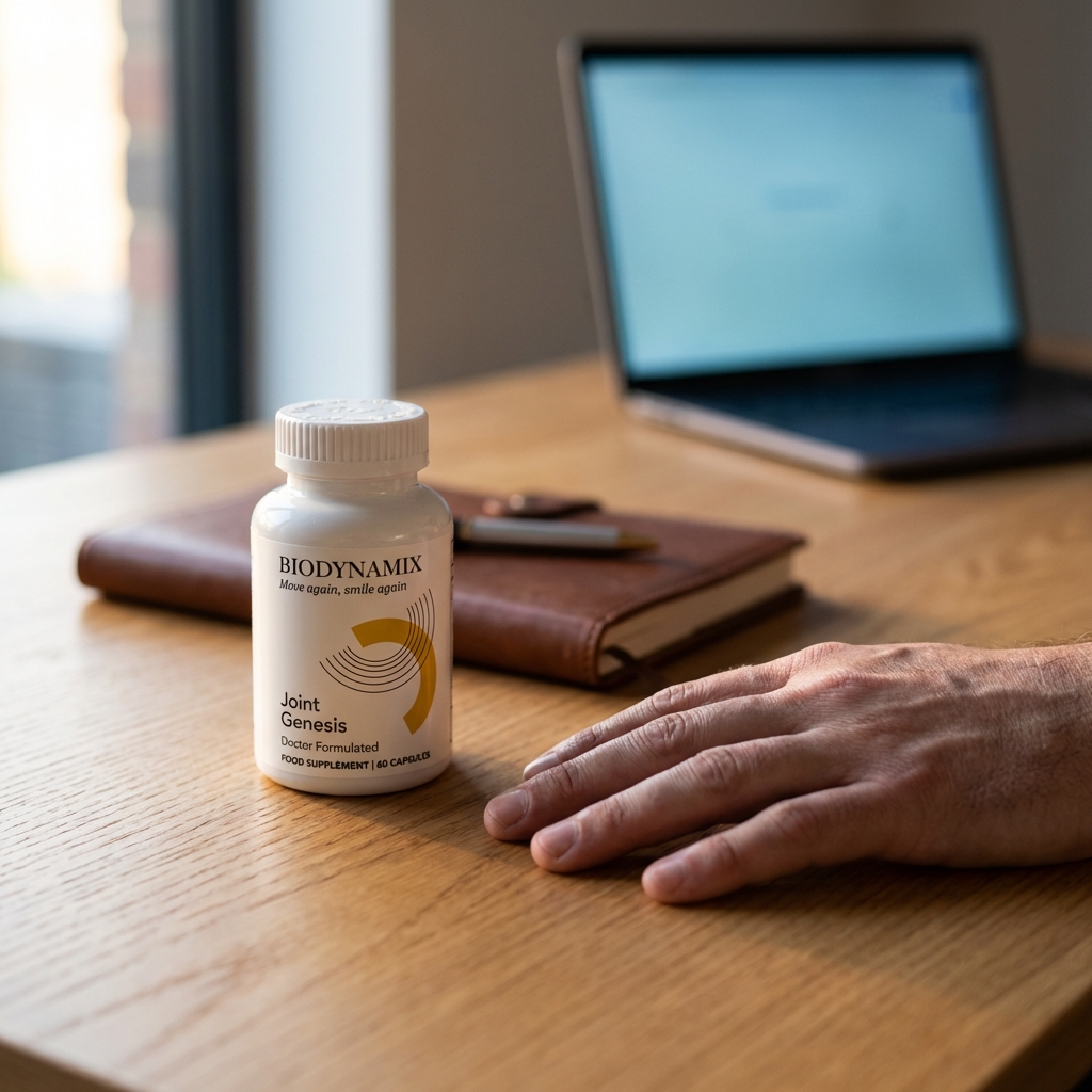 Joint Genesis bottle on oak desk beside a resting hand