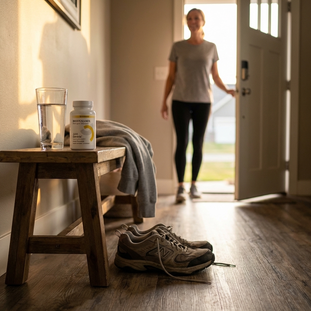 Joint Genesis bottle on an entry bench at sunrise beside walking shoes and a glass of water